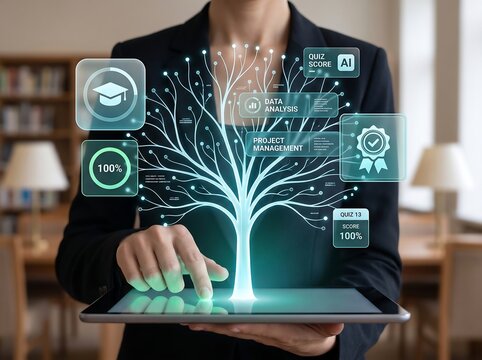 Smart academic technology featuring AI powered analytics, holographic learning visualization, assessment tracking, and project management tools