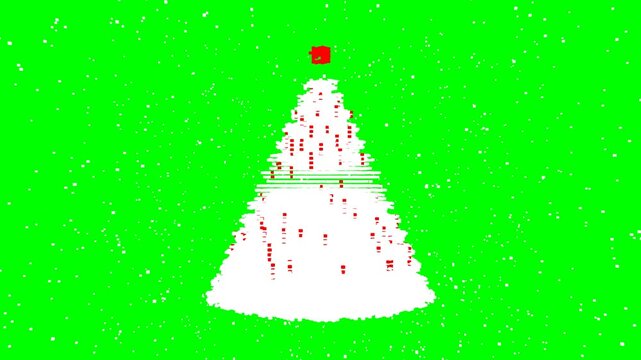 A striking 3D interpretation of retro bitmap pixel art. Features a volumetric Christmas tree built from thousands of sharp, floating white voxels (cubes) that shimmer dynamically via a custom digital
