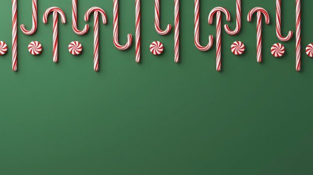 Candy canes arranged in rows on a green background festive christmas sweets