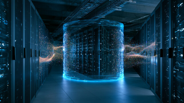glowing digital data streams and central hologram inside a Futuristic data center interior