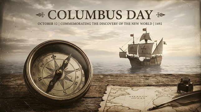 Columbus day commemorative image with a vintage compass, quill pen, inkwell, and a sailing ship on the ocean, celebrating the discovery of the new world
