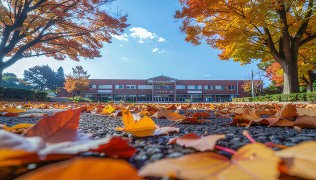 鮮やかに色づく紅葉と落葉が広がる秋の大学キャンパス。レンガ造りの美しい校舎と緑の芝生が映えるのどかな学校の風景