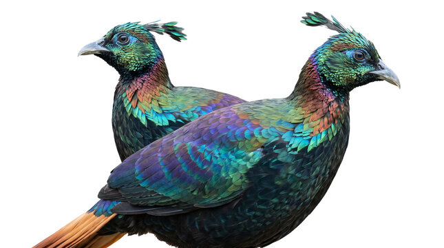 Himalayan Monal pheasants with iridescent plumage, exotic colorful birds isolated on white background, vibrant metallic feathers of Lophophorus impejanus