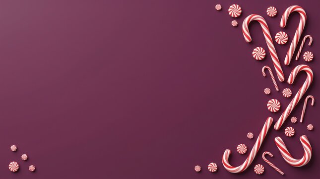 Red and white candy canes arranged on a burgundy background for christmas celebrations