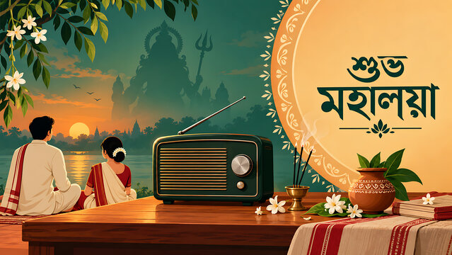 Traditional bengali couple listening to vintage radio beside sunrise river with goddess silhouette during mahalaya morning before durga puja festival celebration tradition