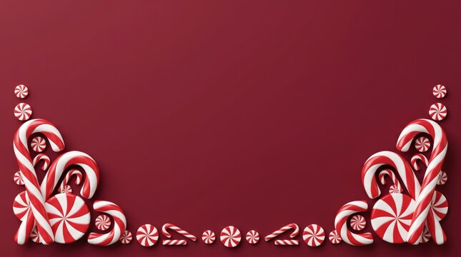 Red and white candy canes forming a festive christmas border on a red background