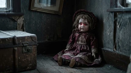 Creepy antique porcelain doll sitting in a dark abandoned room with vintage doll © thesweetsheep
