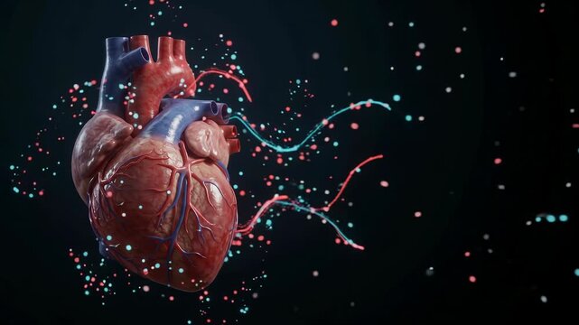 Realistic 3D animation of a human heart beating against a dark background with glowing arteries.