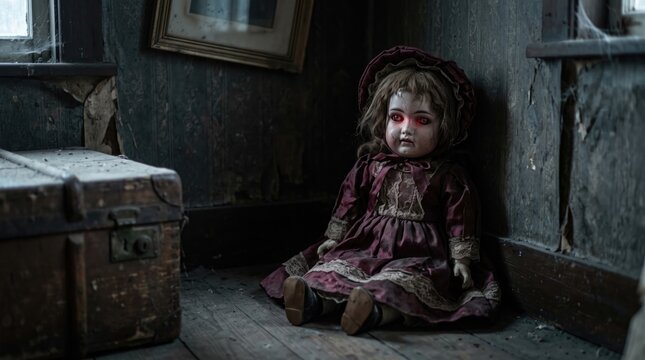 Creepy antique porcelain doll sitting in a dark abandoned room with vintage doll