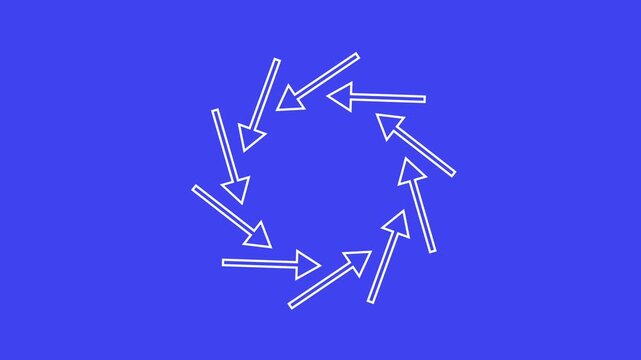 White outline arrows converging inward circle animation on blue background with motion spinning effect for video focus