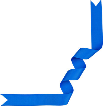 Blue grosgrain ribbon corner border with elegant twisted curl isolated on transparent background