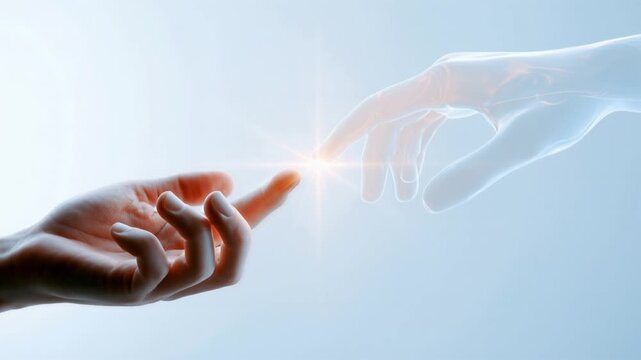 Human hand reaching toward translucent digital hand on blue background and touching with a light spark, concept for connection with the digital self
