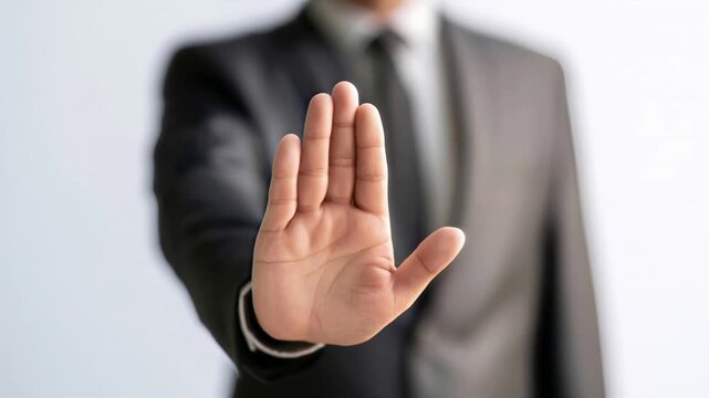 Middle aged Caucasian businessman showing raised palm stop gesture in close up front view
