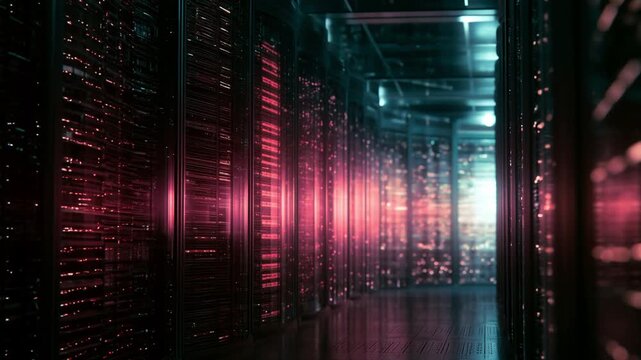 Rows of data center servers glowing with red warning lights in a dark server room, concept for server overload
