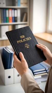 A professional person holding a black book titled HR policies with a scales of justice icon in an office workspace with file folders and shelves in the background