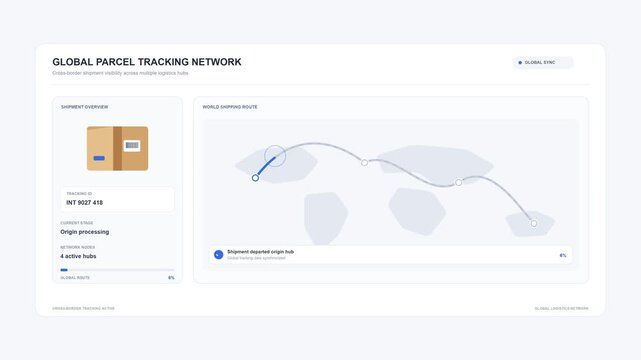 Global package tracking system dashboard interface showing logistics delivery route on world map