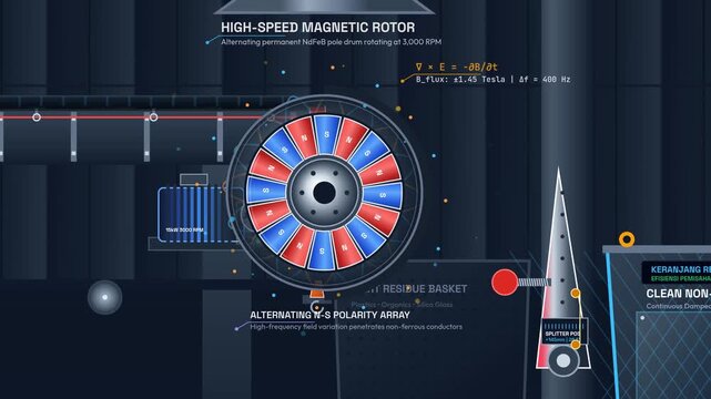 3D animation explaining the working principle of an eddy current separator sorting non-ferrous metals like aluminum from mixed waste using magnetic fields and Lenz's law repulsion force
