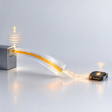 3D micro piezoelectric energy harvester concept, translucent piezoelectric cantilever beam with glowing mechanical-to-electrical charge vector with copy space