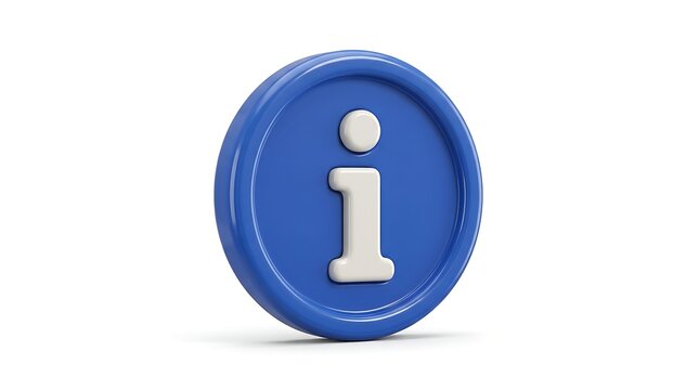 3D information icon badge with white center dot on solid blue circular background