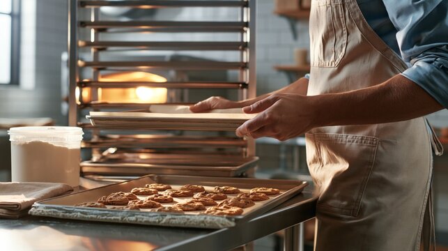 Bakery worker placing parchment-lined tray into metal rack in gluten-free bakery
