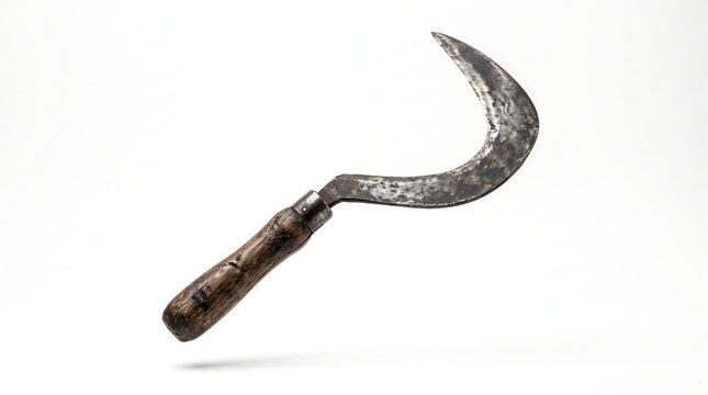 Weathered metal sickle with a wooden handle isolated on white background