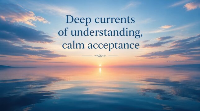 Calm ocean horizon at sunset with pink and blue clouds reflected on still water, featuring the text overlay Deep currents of understanding, calm acceptance in serif font.