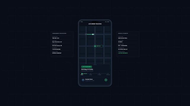 Modern mobile app interface mockup for smart parcel delivery tracking with live route map screen