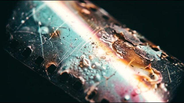 Burnt analog film texture with subtle blistering and scratches with faded vintage cyan and magenta tones_prob4.mp4, cinematic visual effect for vintag