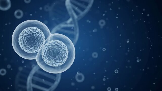 Microscopic video footage showing the process of cell division with DNA double helix strands on a dark blue background.