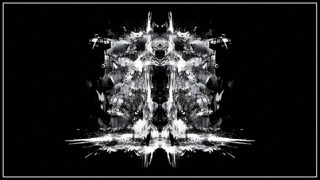 Rorschach inkblot test pattern on a black background.