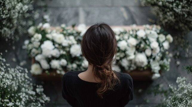 top view of woman standing near the coffin with white flowers