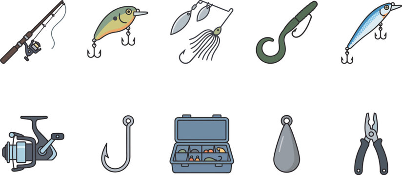 Fishing tackle and angling equipment vector icon set