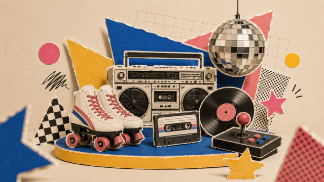 Eighties nostalgia, roller disco and arcade culture. Paper cut boombox flanked by skates, tape, record and joystick under a mirror ball