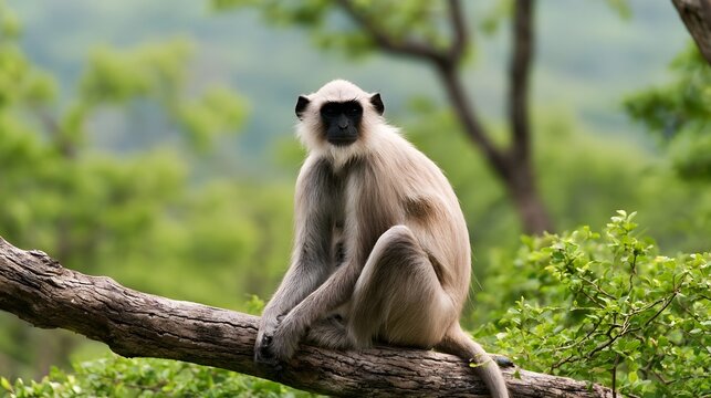 A langur monkey sits calmly on a thick tree branch surrounded by lush green foliage in a forest setting