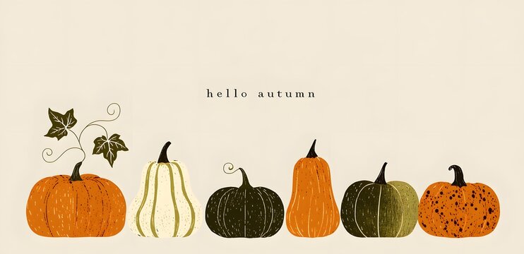 Illustration Minimaliste de Citrouilles d'Automne "Hello Autumn" pour Cartes de V&oelig;ux, Banni&egrave;res Web et Graphiques R&eacute;seaux Sociaux
