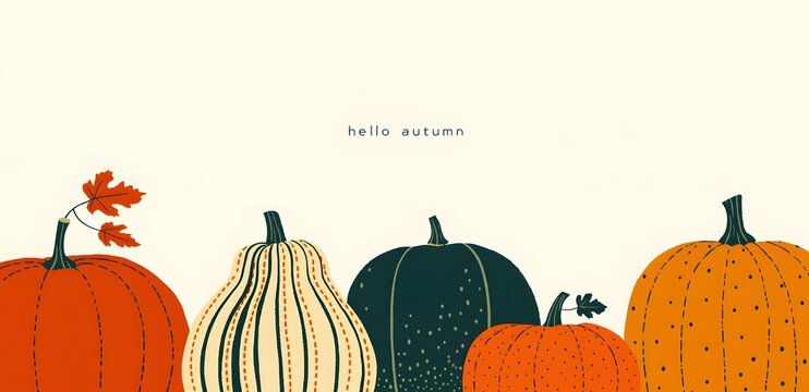 Illustration Minimaliste de Citrouilles d'Automne "Hello Autumn" pour Cartes de V&oelig;ux, Banni&egrave;res Web et Graphiques R&eacute;seaux Sociaux