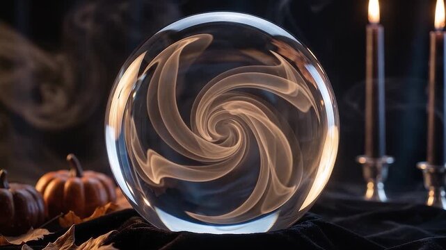 Mystical crystal ball with swirling abstract patterns sits beside glowing candles and pumpkins, creating an atmospheric Halloween fortune-telling scene.