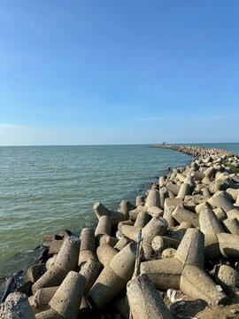 Concrete tetrapods forming a long breakwater barrier protecting the coastline from ocean waves.