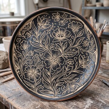 Handmade black and terracotta sgraffito ceramic plate decorated with carved floral botanical patterns