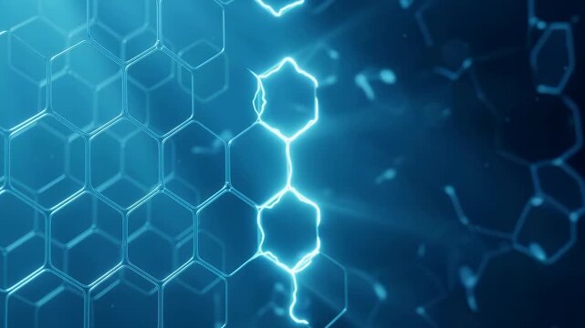 Abstract video of a glowing blue hexagonal grid representing scientific molecular structure or technological network.