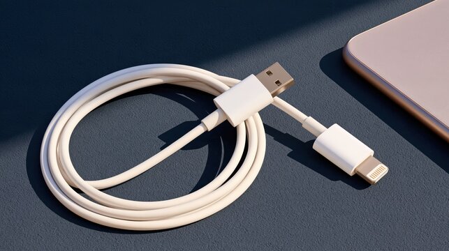 Coiled white charging cable with usb and lightning connectors on dark textured surface beside rose gold device