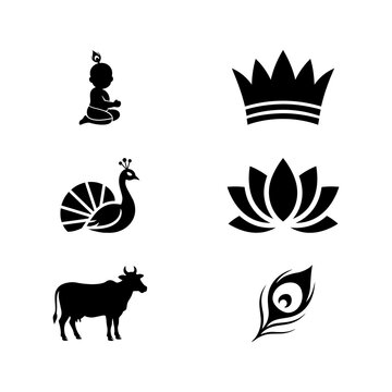 Krishna Janmashtami vector icons set with flute cow and crown