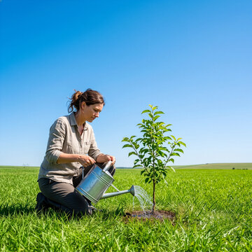 Woman Watering a Newly Planted Sapling in Open Field
