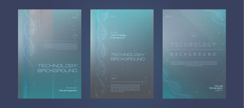 AI technology brochure cover with abstract DNA pattern on blue background. Modern digital poster with futuristic advertising concept and geometric elements for tech conference presentation design.