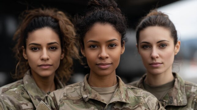 portrait of three women soldiers in military uniform, war and army concept