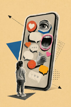 Children and social media pressure. Small girl before an oversized phone crowded with eyes, mouths, likes and speech bubbles