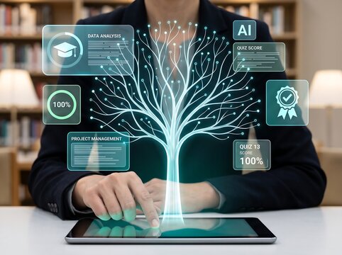 Advanced AI education interface displaying knowledge growth, data analysis, project management, quiz performance, and achievement tracking