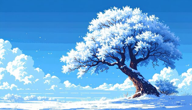 Pixel art illustration of a majestic snow-covered tree on bright blue sky clouds background with copy space.