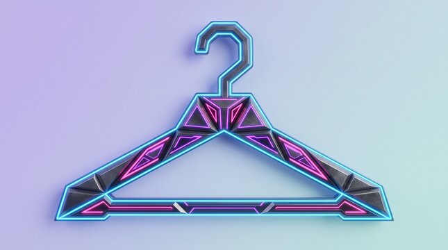 Geometric futuristic clothes hanger inspired by cyberpunk architecture, featuring neon blue, pink and purple accents for modern fashion storage concepts.
