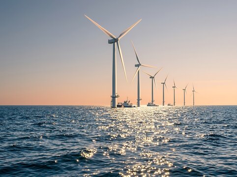 Offshore wind turbines at sunset over the sea